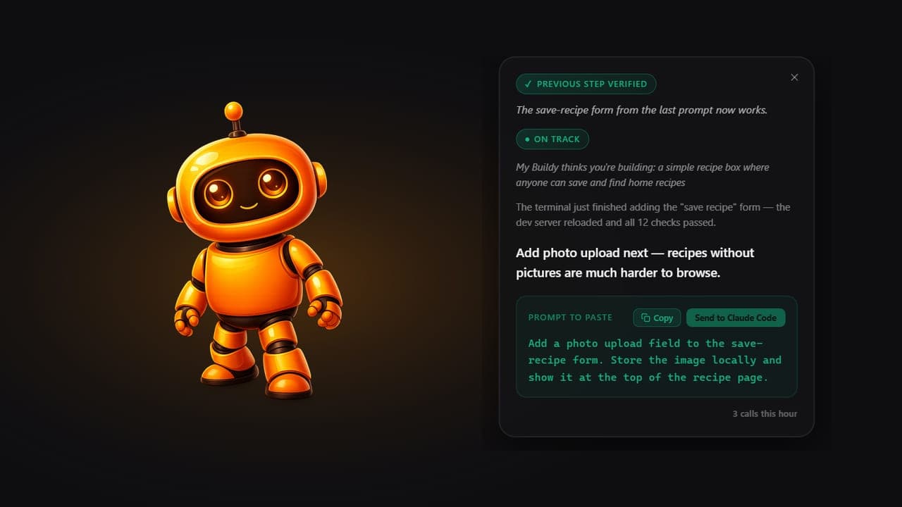 MyBuildy beside its guidance panel, which explains the last step and suggests the next prompt