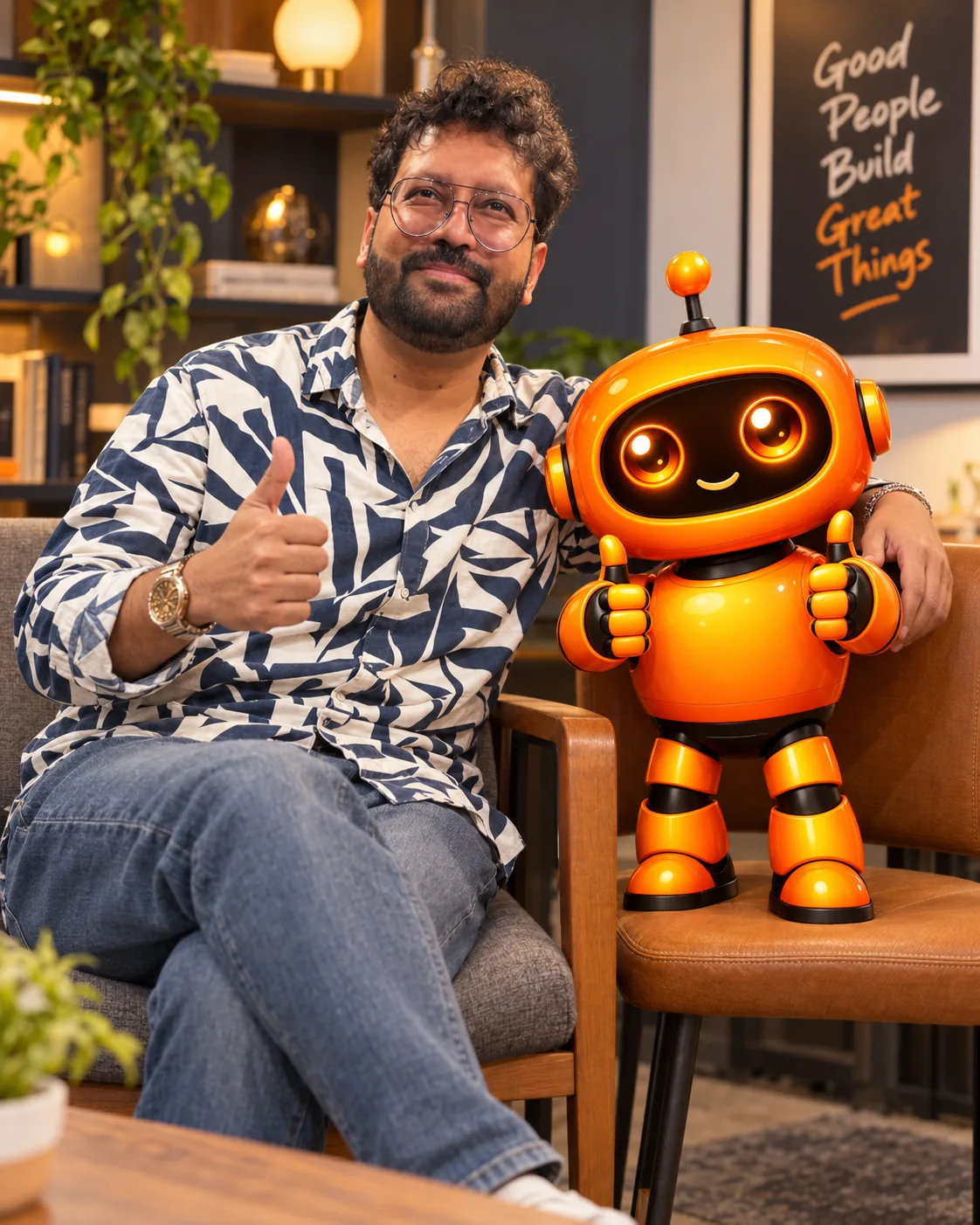 Sukin Shetty with Buildy, the MyBuildy robot